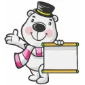 Embroidery design featuring a polar bear with an information banner, ideal for children's projects and gifts.