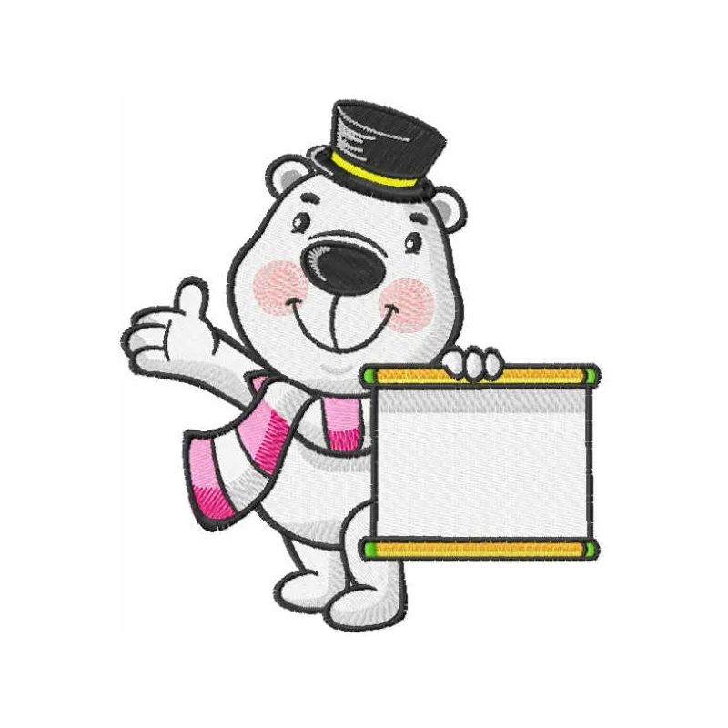 Embroidery design featuring a polar bear with an information banner, ideal for children's projects and gifts.
