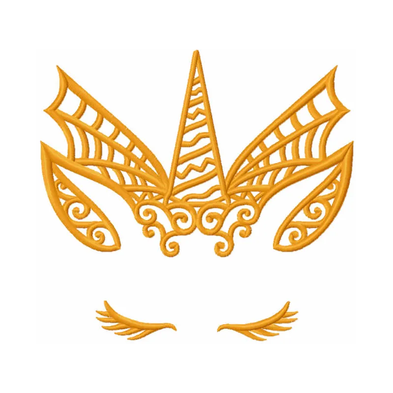 Preview of a gold Halloween unicorn embroidery design featuring intricate stitching patterns for festive projects.