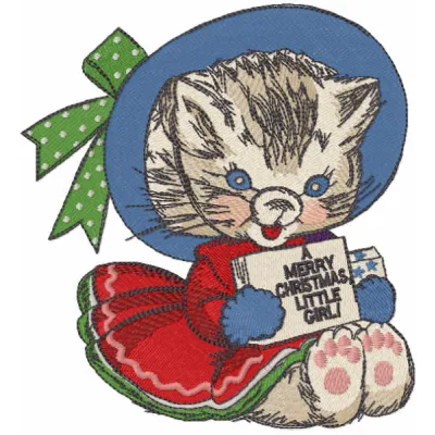Winter vintage kitten embroidery design showcasing a charming feline in festive attire, perfect for holiday projects.