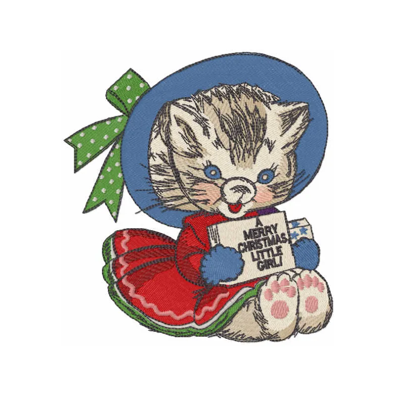 Winter vintage kitten embroidery design showcasing a charming feline in festive attire, perfect for holiday projects.