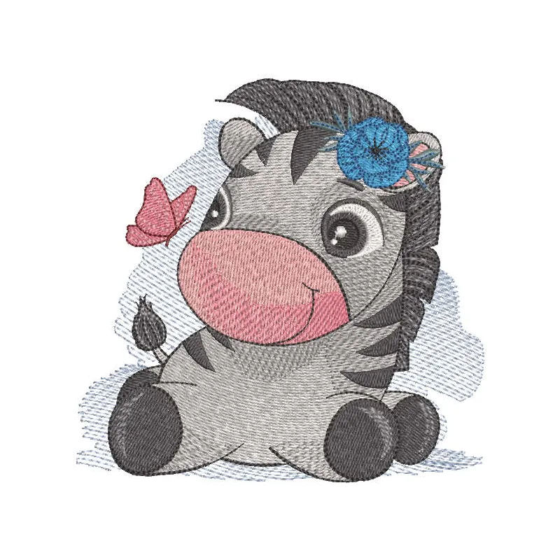 Zebra with butterfly embroidery design showcasing a whimsical stitched motif for creative projects.