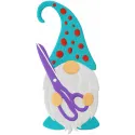 Sewing gnome holding scissors embroidery design, perfect for crafting on tote bags and aprons.