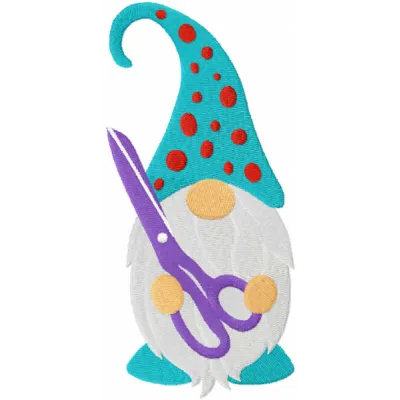 Sewing gnome holding scissors embroidery design, perfect for crafting on tote bags and aprons.