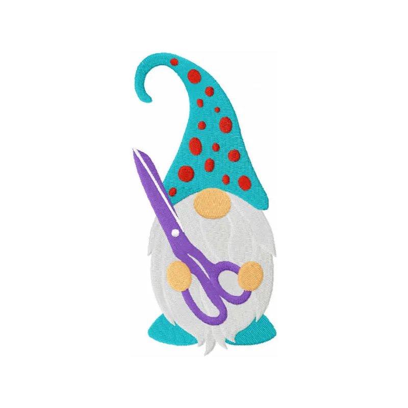 Sewing gnome holding scissors embroidery design, perfect for crafting on tote bags and aprons.