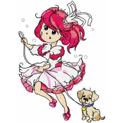 Embroidery design of Princess Malvina walking with her dog, perfect for embellishing t-shirts and tote bags.