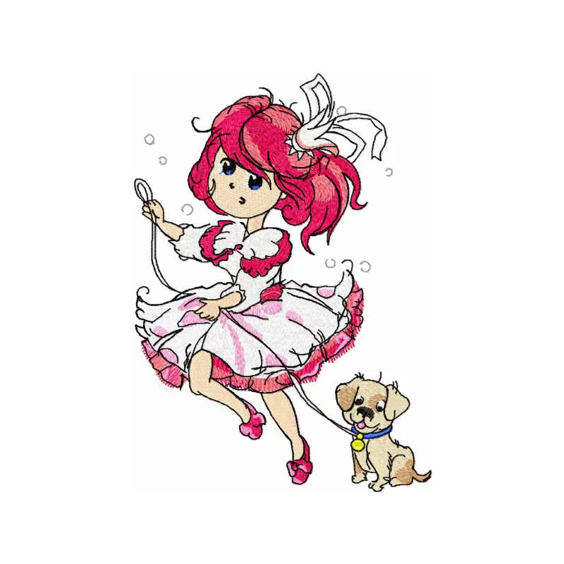 Embroidery design of Princess Malvina walking with her dog, perfect for embellishing t-shirts and tote bags.