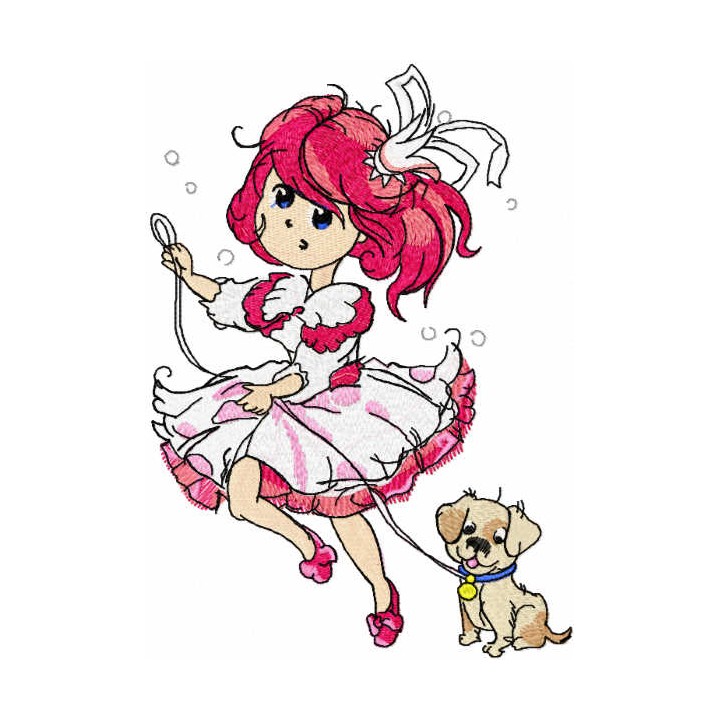 Princess Malvina walking with dog embroidery design - Embroidery Design