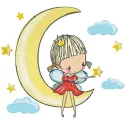 Embroidery design of a princess fairy riding a crescent moon, perfect for adding charm to t-shirts and pillows.