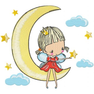 Princess fairy riding a crescent embroidery design - Embroidery Design