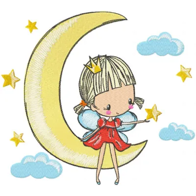 Embroidery design of a princess fairy riding a crescent moon, perfect for adding charm to t-shirts and pillows.
