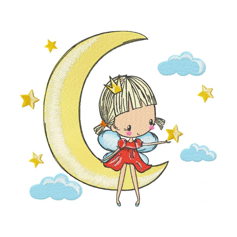 Embroidery design of a princess fairy riding a crescent moon, perfect for adding charm to t-shirts and pillows.