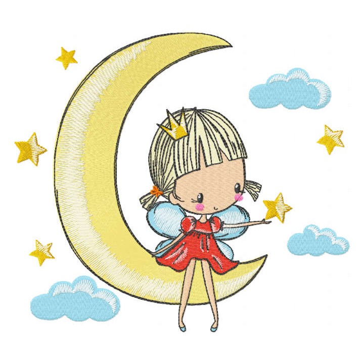 Princess fairy riding a crescent embroidery design - Embroidery Design