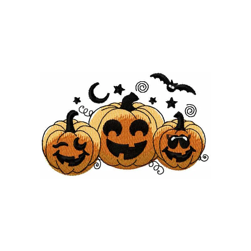 Trio of whimsical pumpkin embroidery design for Halloween, showcasing playful stitched motifs perfect for seasonal decor.