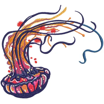 Rainbow jellyfish embroidery design featuring vibrant colors, perfect for nautical-themed projects.
