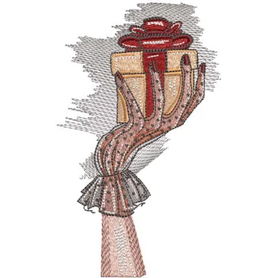 Hand with gift embroidery design showcasing intricate stitching patterns for home decor and hobby projects.