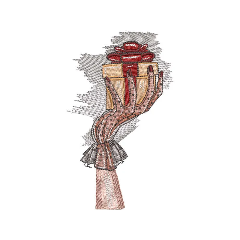 Hand with gift embroidery design showcasing intricate stitching patterns for home decor and hobby projects.