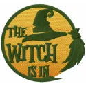 Preview of 'The Witch Is In' embroidery design featuring a whimsical Halloween motif for festive stitching.