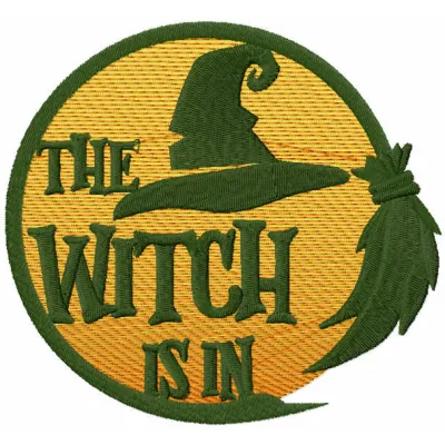 Preview of 'The Witch Is In' embroidery design featuring a whimsical Halloween motif for festive stitching.
