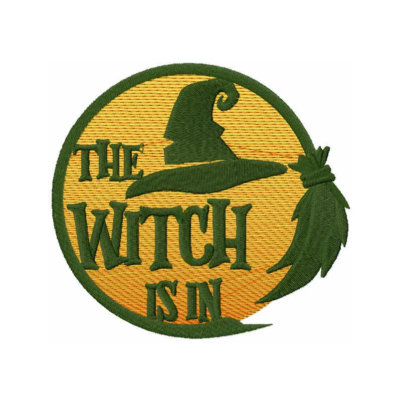 Preview of 'The Witch Is In' embroidery design featuring a whimsical Halloween motif for festive stitching.