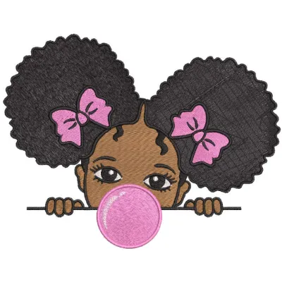 Embroidery design featuring a cheerful little girl blowing bubble gum, perfect for stitching on t-shirts or bags.