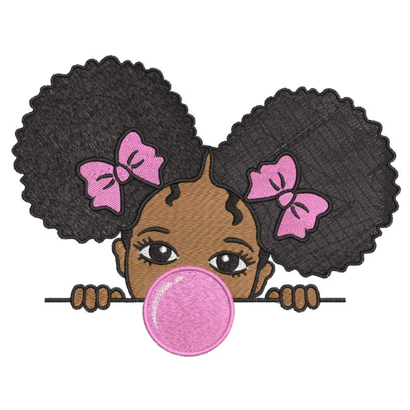 Embroidery design featuring a cheerful little girl blowing bubble gum, perfect for stitching on t-shirts or bags.