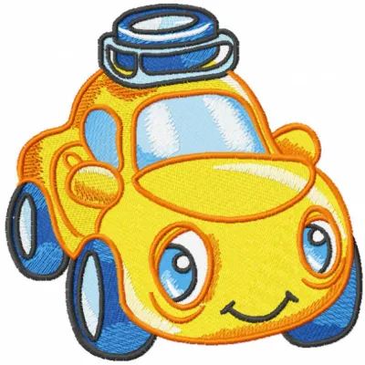 Yellow baby car embroidery design featuring a cute car motif, perfect for stitching on baby onesies or blankets.
