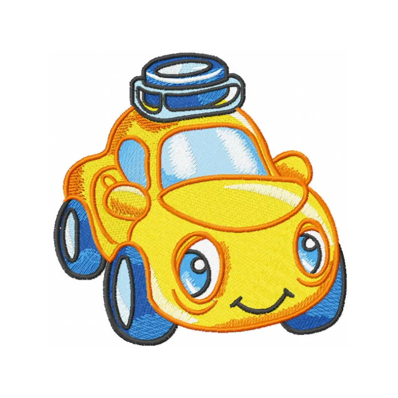 Yellow baby car embroidery design featuring a cute car motif, perfect for stitching on baby onesies or blankets.