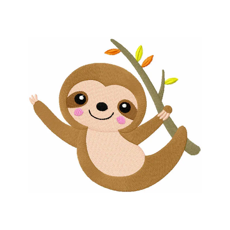 Autumn sloth embroidery design featuring a cute sloth surrounded by colorful fall leaves.