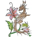 Dragon and lily embroidery design featuring a majestic dragon intertwined with delicate lilies.