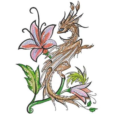 Dragon and lily embroidery design featuring a majestic dragon intertwined with delicate lilies.