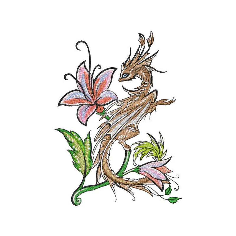 Dragon and lily embroidery design featuring a majestic dragon intertwined with delicate lilies.