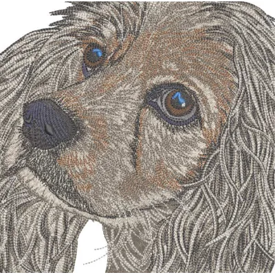 Grey spaniel muzzle embroidery design showcasing intricate details for dog lovers and crafters.