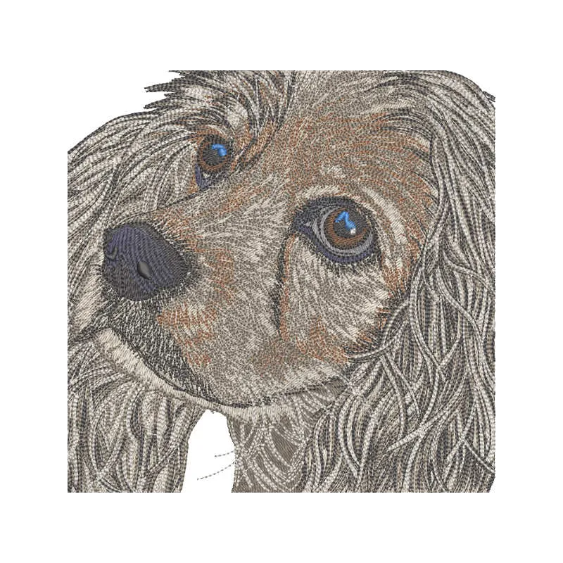 Grey spaniel muzzle embroidery design showcasing intricate details for dog lovers and crafters.