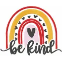 Boho rainbow 'be kind' embroidery design showcased on a colorful ornament, ideal for creative stitching projects.