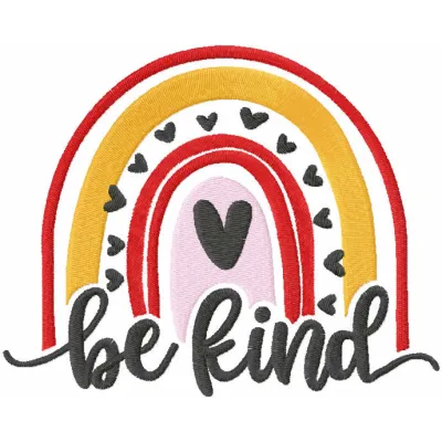 Boho rainbow 'be kind' embroidery design showcased on a colorful ornament, ideal for creative stitching projects.