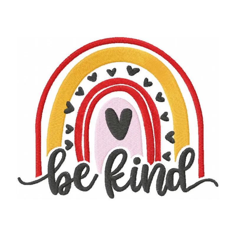 Boho rainbow 'be kind' embroidery design showcased on a colorful ornament, ideal for creative stitching projects.