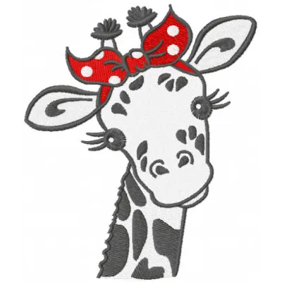 Giraffe embroidery design featuring a playful giraffe adorned with a red bandana, ideal for various stitching projects.