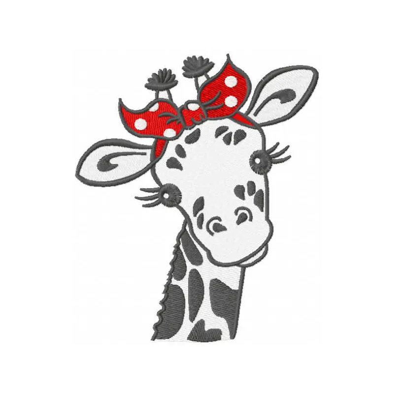 Giraffe embroidery design featuring a playful giraffe adorned with a red bandana, ideal for various stitching projects.