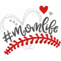 Hashtag momlife embroidery design featuring playful script, ideal for baseball-themed apparel and accessories.