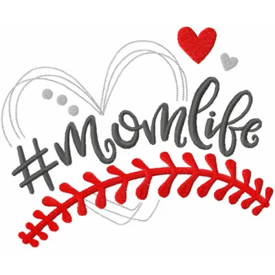 Hashtag momlife embroidery design featuring playful script, ideal for baseball-themed apparel and accessories.