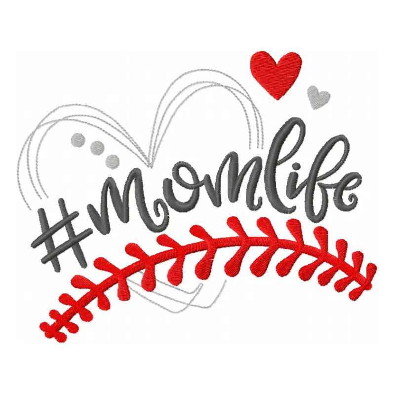 Hashtag momlife embroidery design featuring playful script, ideal for baseball-themed apparel and accessories.