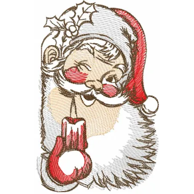 Tattered Santa Claus holding a lantern embroidery design, perfect for festive stitching projects on various items.