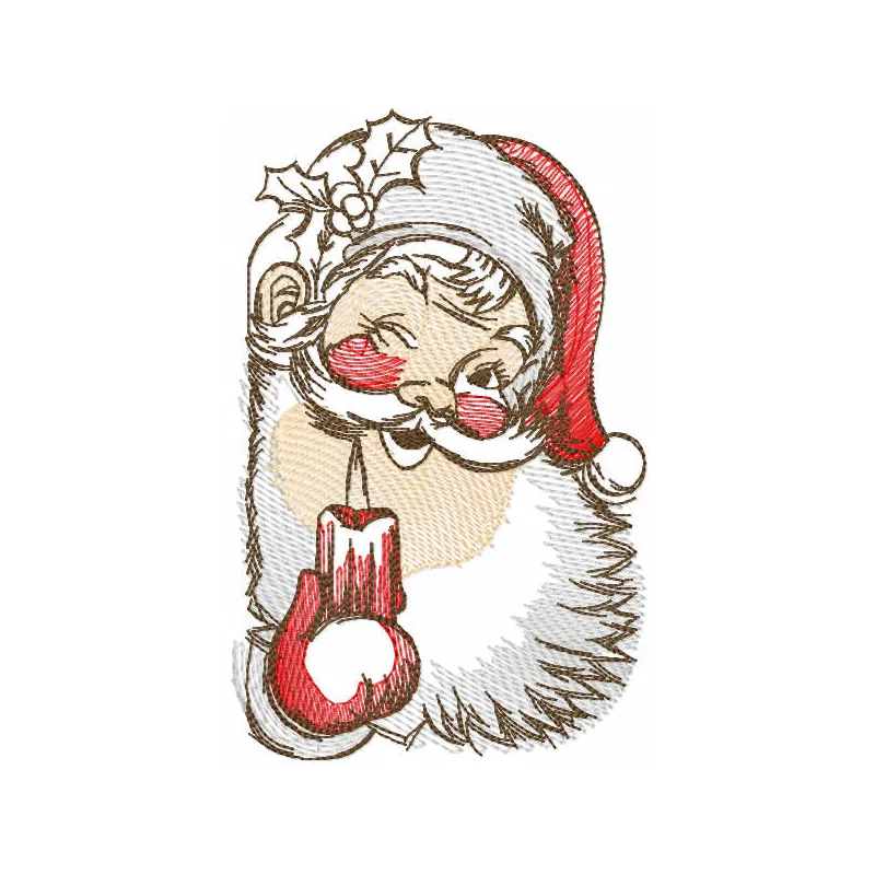 Tattered Santa Claus holding a lantern embroidery design, perfect for festive stitching projects on various items.
