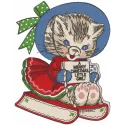 Cat Christmas sledding embroidery design featuring a playful feline on a festive sled, perfect for holiday stitching.