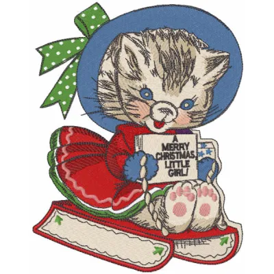 Cat Christmas sledding embroidery design featuring a playful feline on a festive sled, perfect for holiday stitching.