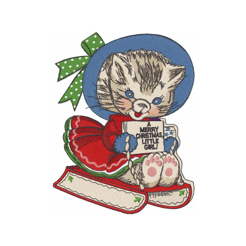 Cat Christmas sledding embroidery design featuring a playful feline on a festive sled, perfect for holiday stitching.
