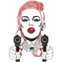 At gunpoint embroidery design featuring a bold and artistic stitched motif for women's apparel.