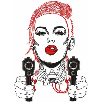 At gunpoint embroidery design featuring a bold and artistic stitched motif for women's apparel.