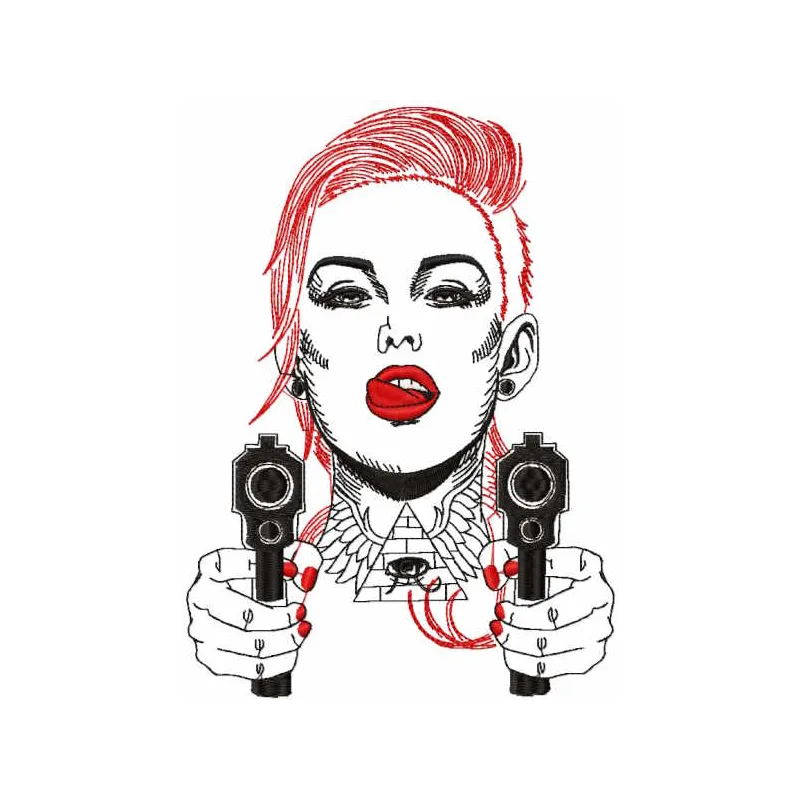 At gunpoint embroidery design featuring a bold and artistic stitched motif for women's apparel.